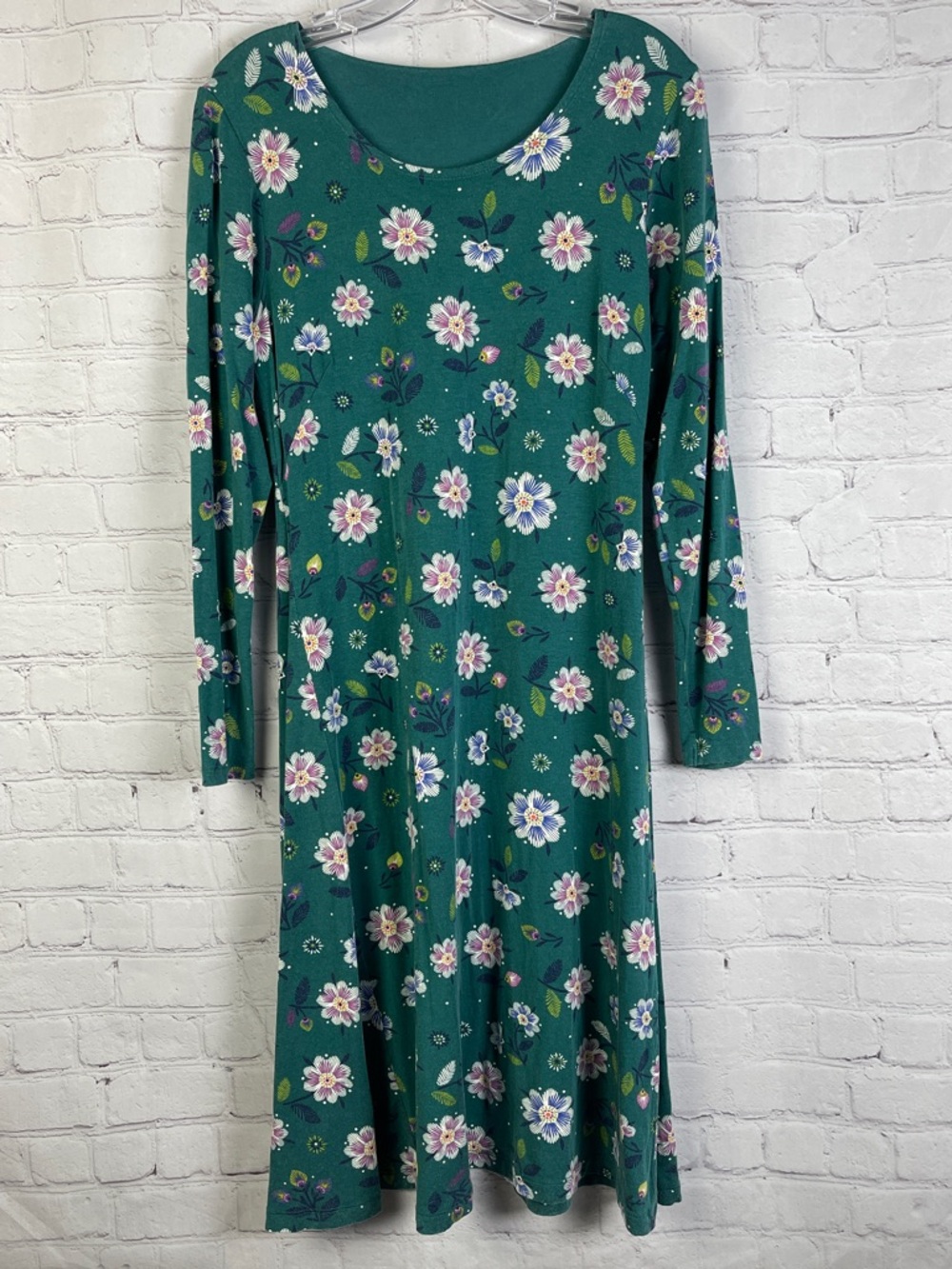GUDRUN SJODEN teal green floral long sleeve boat neck dress, size S